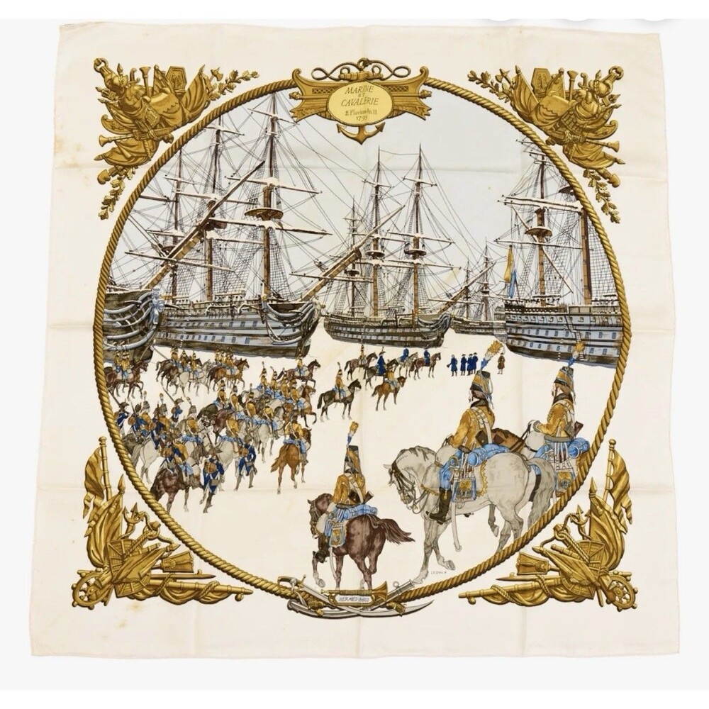 Hermes Marine Et Cavalerie 2 Pluviose An III Calvary Naval Silk Scarf 90cm - Picture 1 of 9
